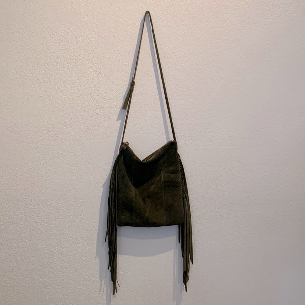 Green suede fringe crossbody